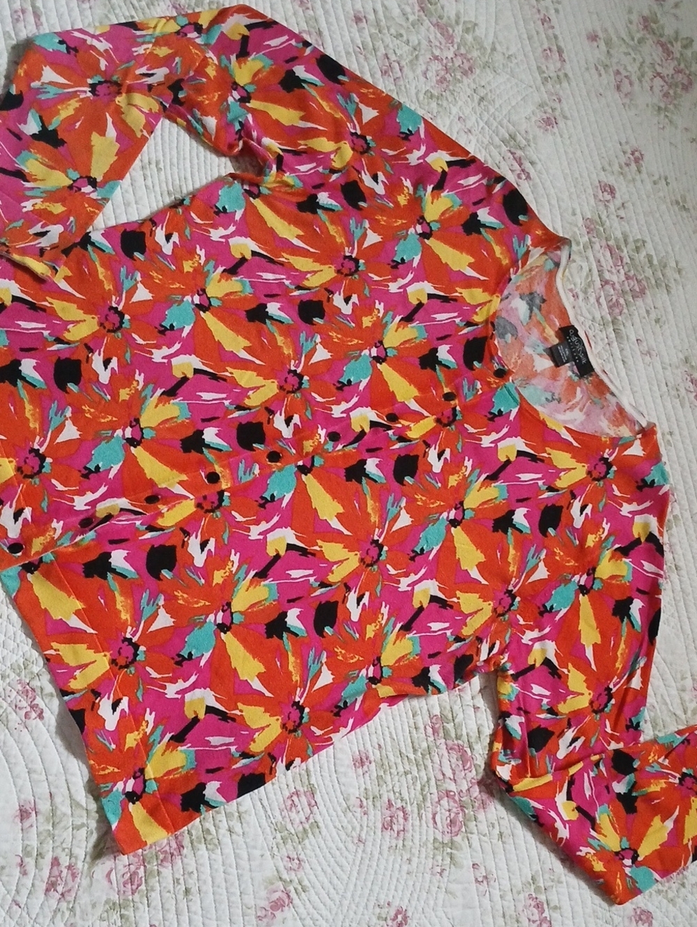 august silk floral button-front cardigan in pink, orange & turquoise